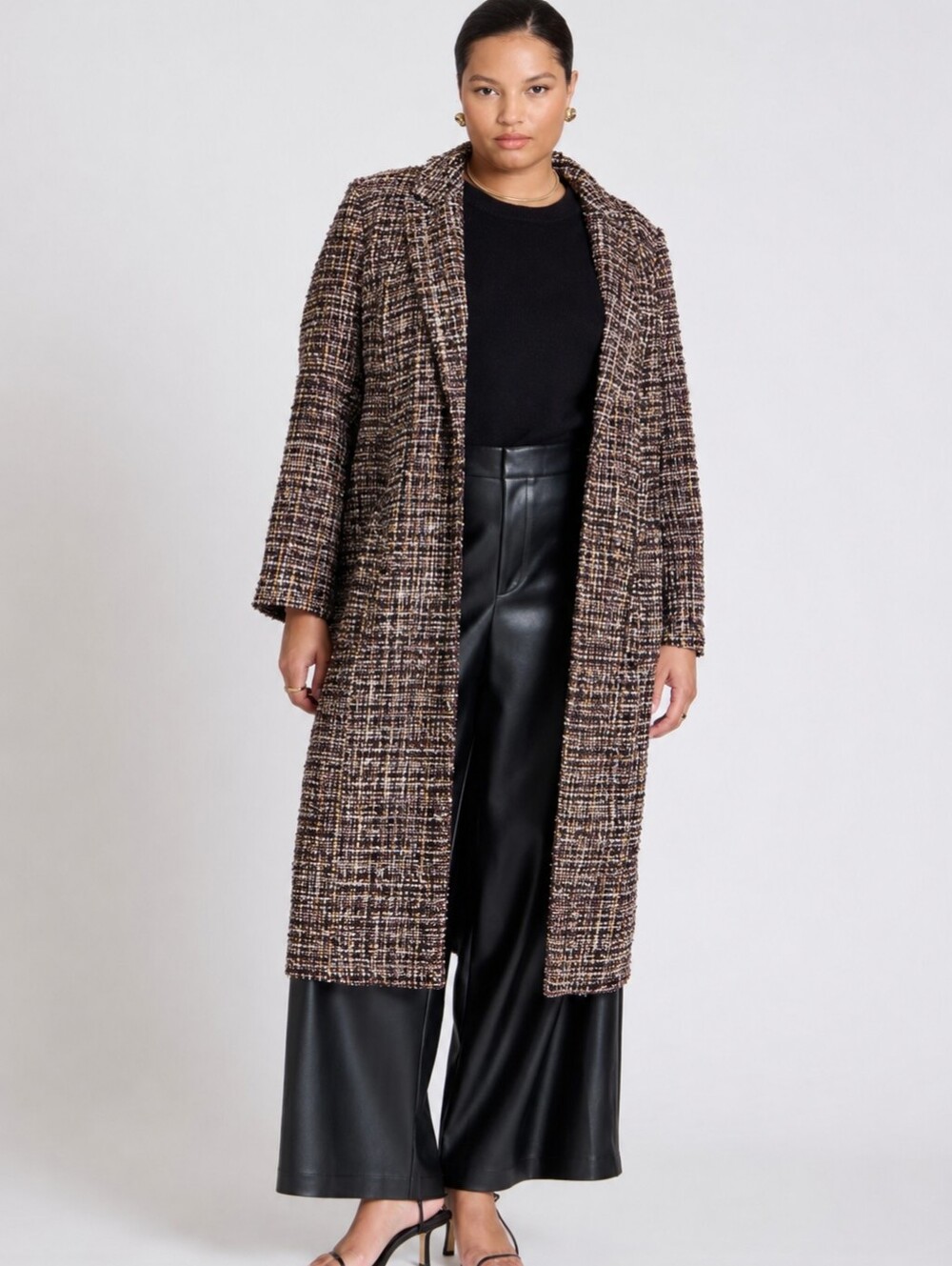 Eloquii Women's Textured Tweed Duster Long Coat in Brown-Multi Sz 14/16